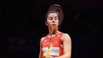 Spain�s Carolina Marin reacts after a point in her women�s singles match against USA�s Beiwen Zhang at the BWF Badminton World Tour Finals in Hangzhou, in China�s eastern Zhejiang province on December 13, 2023. (Photo by AFP) / China OUT
