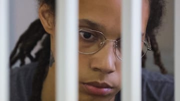 In this file photo taken on August 04, 2022 US' Women's National Basketball Association (WNBA) basketball player Brittney Griner, who was detained at Moscow's Sheremetyevo airport and later charged with illegal possession of cannabis, waits for the verdict inside a defendants' cage during a hearing in Khimki outside Moscow. - Brittney Griner, who was found guilty of drug possession and trafficking in Russia, has appealed her nine-year jail sentence, her lawyers said on August 15, 2022.