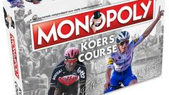 Imagen de la caja del Monopoly Koers, con referencia a grandes lugares del ciclismo belga.