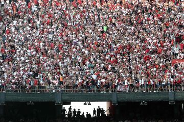 Fans of River Plate gather at the Monumental stadium in Buenos Aires on December 23, 2018,  to celebrate their team's triumph in the all-Argentine Copa Libertadores final, after beating arch rival Boca Juniors by 3-1 in Madrid on December 9, 2018