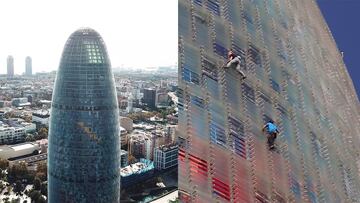 Leo Urban y Nico Mathieux escalando la Torre Gl&ograve;ries de Barcelona sin ayuda y de manera ilegal.