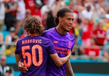 Soccer Football - International Champions Cup - Liverpool v Borussia Dortmund - Bank of America Stadium, Charlotte, USA - July 22, 2018 Liverpool's Virgil van Dijk celebrates scoring a goal REUTERS/Chris Keane