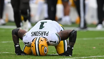 Sep 21, 2025; Cleveland, Ohio, USA; Green Bay Packers defensive end Micah Parsons (1) reacts after a play against the Cleveland Browns during the second half at Huntington Bank Field. Mandatory Credit: Ken Blaze-Imagn Images