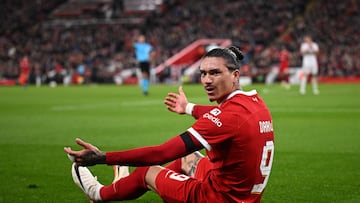 Liverpool's Uruguayan striker #09 Darwin Nunez reacts during the UEFA Europa League group E football match between Liverpool and Toulouse at Anfield in Liverpool, north west England on October 26, 2023. (Photo by Oli SCARFF / AFP)