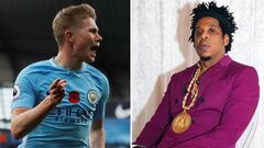 Im&aacute;genes del futbolista Kevin De Bruyne celebrando un gol con el Manchester City y del rapero estadounidense Jay-Z.