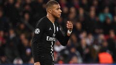 Paris Saint-Germain&#039;s French forward Kylian Mbappe reacts at the end of during the UEFA Champions League round of 16 second-leg football match between Paris Saint-Germain (PSG) and Manchester United at the Parc des Princes stadium in Paris on March 6