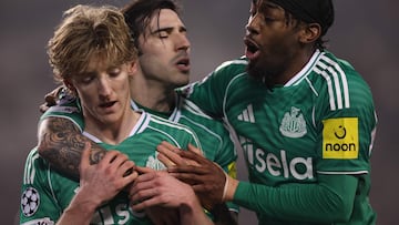 Anthony Gordon hit four as Newcastle battered Qarabag in the first leg of their playoff tie.
