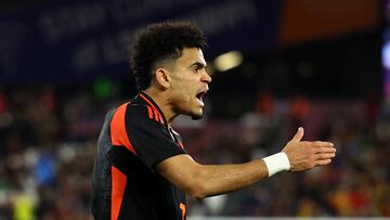 Soccer Football - International Friendly - Spain v Colombia - London Stadium, London, Britain - March 22, 2024  Colombia's Luis Diaz celebrates their first goal scored by Daniel Munoz REUTERS/Hannah Mckay