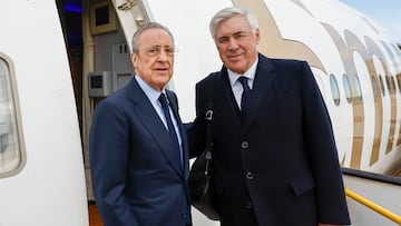 MADRID, 08/01/2024.- El presidente del Real Madrid, Florentino Pérez (i) y el técnico italiano del equipo madridista, Carlo Ancelotti, antes de embarcar hoy lunes en el avión que ha llevado al equipo blanco a Riad, donde se disputa la Supercopa de España. EFE / Helios de la Rubia / Realmadrid.com. ***SOLO USO EDITORIAL / SOLO USO DISPONIBLE PARA ILUSTRAR LA NOTICIA QUE ACOMPAÑA/ (CRÉDITO OBLIGATORIO)***.
