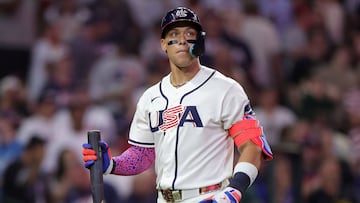 HOUSTON, TEXAS - MARCH 10: Aaron Judge #99 of Team United States reacts after striking out to end the game against Team Italy during the 2026 World Baseball Classic at Daikin Park on March 10, 2026 in Houston, Texas. Team Italy defeated Team United States 8-6. Alex Slitz/Getty Images/AFP (Photo by Alex Slitz / GETTY IMAGES NORTH AMERICA / Getty Images via AFP)