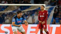 NAPLES, ITALY - SEPTEMBER 07: Giovanni Simeone of SSC Napoli celebrates after scoring his team's third goal during the UEFA Champions League group A match between SSC Napoli and Liverpool FC at Stadio Diego Armando Maradona on September 7, 2022 in Naples, Italy. (Photo by Carlo Hermann/DeFodi Images via Getty Images)