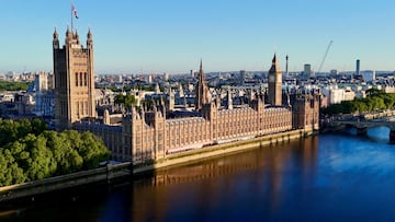 A drone view of the Palace of Westminster which houses Britain's parliament, in London.