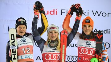 (L-R) Second placed Sweden's Anna Swenn Larsson, winner Mikaela Shiffrin of the US and third placed Petra Vlhova of Slovakia pose on the podium after the women's slalom event in the Alpine Skiing World Cup on the Levi black race slope in Kittil�, Finnish Lapland on November 19, 2022. (Photo by Jussi Nukari / LEHTIKUVA / AFP) / Finland OUT