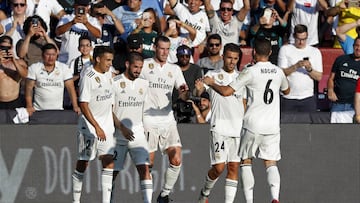 Aug 4, 2018; Landover, MD, USA; Real Madrid forward Gareth Bale (11) celebrates with teammates after scoring a goal against Juventus in the first half during an International Champions Cup soccer match at FedEx Field. Real Madrid won 3-1. Mandatory Credit