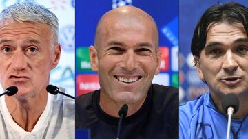 (COMBO) This combination of pictures created on September 03, 2018 shows (LtoR) France&#039;s head coach Didier Deschamps speaks during a press conference in Istra, west of Moscow on June 11, 2018; Real Madrid&#039;s French coach Zinedine Zidane attends a press conference at Valdebebas Sport City in Madrid on May 30, 2017; Croatia&#039;s coach Zlatko Dalic attends a press conference in Kaliningrad on June 15, 2018. - France&#039;s World Cup winning manager Didier Deschamps, Zlatko Dalic and Zinedine Zidane were nominated as the finalists for FIFA&#039;s coach of the year award on September 3, 2018. Deschamps became just the third man to win the World Cup as a player and coach with victory over Dalic&#039;s Croatia in July&#039;s final in Russia. (Photos by AFP)