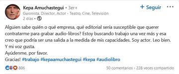 Post del Linkedin de Kepa pidiendo empleo 