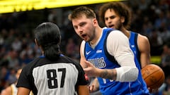 Dallas Mavericks guard Luka Doncic (77) argues a call with NBA referee Danielle Scott (87) during the second half against the Indiana Pacers at the American Airlines Center.