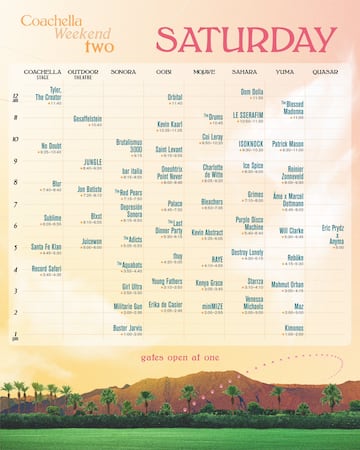 Aquí el lineup completo, horarios y escenarios del sábado 20 de abril en Coachella 2024.