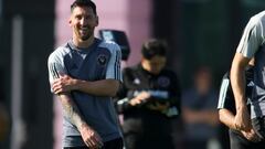 Jul 18, 2023; Fort Lauderdale, FL, USA; Inter Miami CF forward Lionel Messi (10) looks on during team practice at Florida Blue Training Center. Mandatory Credit: Sam Navarro-USA TODAY Sports