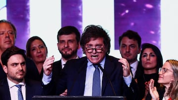 FILE PHOTO: Argentina's presidential candidate Javier Milei addresses supporters as he reacts to the results of the presidential election, in Buenos Aires, Argentina October 22, 2023. REUTERS/Matias Baglietto/File Photo
