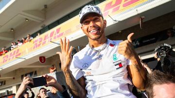 HAMILTON Lewis (gbr), Mercedes AMG F1 GP W10 Hybrid EQ Power+, portrait celebration of his sixth world champion title during the 2019 Formula One World Championship, United States of America Grand Prix from november 1 to 3 in Austin, Texas, USA - Photo Antonin Vincent / DPPI
 
 
 03/11/2019 ONLY FOR USE IN SPAIN