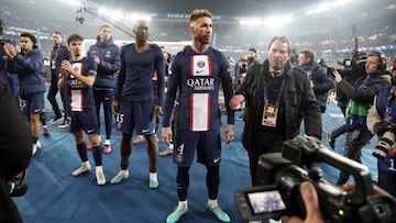 PARIS, FRANCE - FEBRUARY 14: Sergio Ramos of Paris Saint-Germain reacts after losing the UEFA Champions League round of 16 leg one match between Paris Saint-Germain and FC Bayern München at Parc des Princes on February 14, 2023 in Paris, France. (Photo by Xavier Laine/Getty Images)