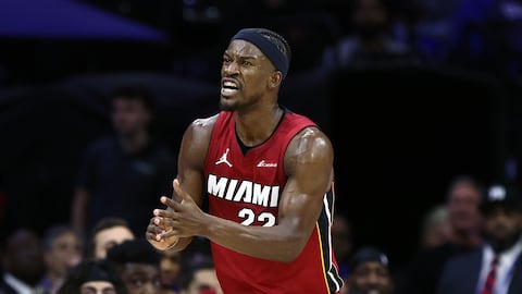 PHILADELPHIA, PENNSYLVANIA - APRIL 17: Jimmy Butler #22 of the Miami Heat reacts during the second quarter against the Philadelphia 76ers during the Eastern Conference Play-In Tournament at the Wells Fargo Center on April 17, 2024 in Philadelphia, Pennsylvania. NOTE TO USER: User expressly acknowledges and agrees that, by downloading and or using this photograph, User is consenting to the terms and conditions of the Getty Images License Agreement.   Tim Nwachukwu/Getty Images/AFP (Photo by Tim Nwachukwu / GETTY IMAGES NORTH AMERICA / Getty Images via AFP)