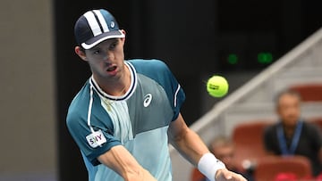 Chile�s Nicolas Jarry hits a return to Germany�s Alexander Zverev during their China Open tennis tournament men's singles quarterfinal match in Beijing on October 2, 2023. (Photo by Jade Gao / AFP)