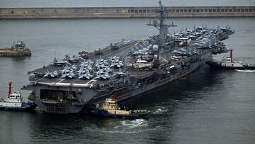 The Theodore Roosevelt (CVN 71), a nuclear-powered aircraft carrier is anchored in Busan, South Korea, June 22, 2024. Song Kyung-Seok/Pool via REUTERS