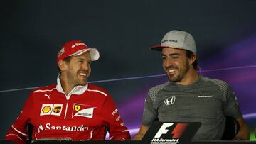 Formula One - F1 - Spanish Grand Prix - Barcelona-Catalunya racetrack, Montmelo Spain - 11/05/17 - Ferrari&#039;s Sebastian Vettel and McLaren&#039;s Fernando Alonso attend a news conference. REUTERS/Albert Gea