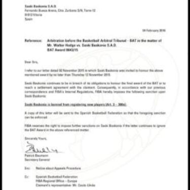 La FIBA prohíbe al Baskonia fichar nuevos jugadores