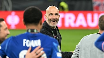 Chelsea's Italian head coach Enzo Maresca celebrates after the UEFA Conference League final football match between Real Betis and Chelsea FC in Wroclaw on May 28, 2025. (Photo by Sergei GAPON / AFP)