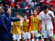 MEX5779. CIUDAD DE MÉXICO (MÉXICO), 28/02/2026.- El entrenador de Guadalajara, Gabriel Milito (i), da instrucciones Luis Romo este sábado, en un partido de la Liga MX entre Toluca y Guadalajara en el estadio Nemesio Diez, en Toluca (México). EFE/ Felipe Gutiérrez