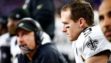 MINNEAPOLIS, MN - JANUARY 14: Quarterback Drew Brees #9 of the New Orleans Saints sits on the bench during the NFC divisional round playoff game against the Minnesota Vikings at U.S. Bank Stadium on January 14, 2018 in Minneapolis, Minnesota.   Jamie Squire/Getty Images/AFP
 == FOR NEWSPAPERS, INTERNET, TELCOS &amp; TELEVISION USE ONLY ==