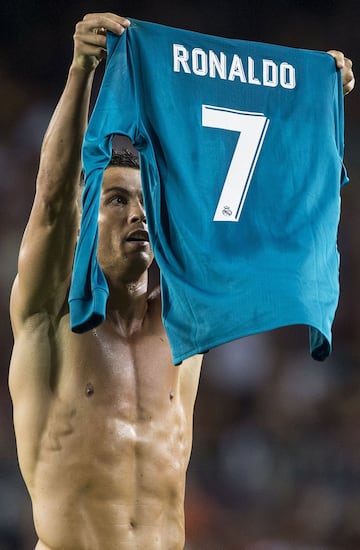 Cristiano Ronaldo shows off his shirt at Camp Nou.