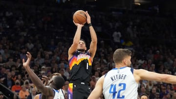 May 10, 2022; Phoenix, Arizona, USA; Phoenix Suns guard Devin Booker (1) shoots against the Dallas Mavericks during the first half of game five of the second round for the 2022 NBA playoffs at Footprint Center. Mandatory Credit: Joe Camporeale-USA TODAY Sports