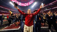 ATLANTA, GA - JANUARY 08: Head coach Nick Saban of the Alabama Crimson Tide celebrates beating the Georgia Bulldogs in overtime to win the CFP National Championship presented by AT&amp;T at Mercedes-Benz Stadium on January 8, 2018 in Atlanta, Georgia. Alabama won 26-23.   Kevin C. Cox/Getty Images/AFP
 == FOR NEWSPAPERS, INTERNET, TELCOS &amp; TELEVISION USE ONLY ==