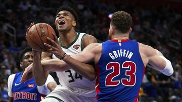 Apr 22, 2019; Detroit, MI, USA; Milwaukee Bucks forward Giannis Antetokounmpo (34) is fouled by Detroit Pistons forward Blake Griffin (23) in the second half at Little Caesars Arena. Mandatory Credit: Rick Osentoski-USA TODAY Sports