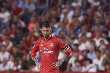 Sergio Ramos of Real Madrid CF reacts during the La Liga match between Sevilla FC and Real Madrid CF at Estadio Ramon Sanchez Pizjuan on September 26, 2018 in Seville, Spain.  