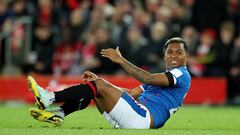 Soccer Football - Champions League - Group A - Liverpool v Rangers - Anfield, Liverpool, Britain - October 4, 2022   Rangers' Alfredo Morelos reacts Action Images via Reuters/Carl Recine