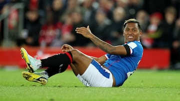 Soccer Football - Champions League - Group A - Liverpool v Rangers - Anfield, Liverpool, Britain - October 4, 2022   Rangers' Alfredo Morelos reacts Action Images via Reuters/Carl Recine