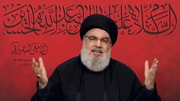 FILE PHOTO: Lebanon's Hezbollah leader Sayyed Hassan Nasrallah speaks through a screen during a religious ceremony marking Ashura, in this screengrab taken from Al-Manar TV footage, Lebanon August 19, 2021. AL-MANAR TV/Handout via REUTERS