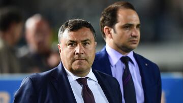 (FILES) Fiorentina manager Giuseppe "Joe" Barone (L) and US businessman Joseph Commisso, the son of Fiorentina owner Italian American billionaire Rocco B. Commisso, attend the Italian Serie A football match Brescia vs Fiorentina on October 21, 2019 at the Mario-Rigamonti stadium in Brescia. Fiorentina's match with Atalanta on March 17, 2024 has been postponed after the club's general manager Giuseppe "Joe" Barone was taken ill, Serie A confirmed on Sunday. In a statement, Italy's top flight said that the fixture, which was due to kick off at 1800 local time (1700 GMT) had been moved "to a later date" yet to be confirmed. (Photo by Miguel MEDINA / AFP)