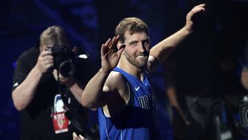 Apr 9, 2019; Dallas, TX, USA; Dallas Mavericks forward Dirk Nowitzki (41) reacts after the game against the Phoenix Suns at American Airlines Center. Mandatory Credit: Kevin Jairaj-USA TODAY Sports