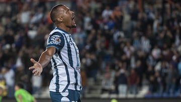    Salomon Rondon celebrates his goal 3-2 of Pachuca during the 10th round match between Pachuca and FC Juarez as part of the Torneo Clausura 2024 Liga BBVA MX at Hidalgo Stadium on March 02, 2024 in Pachuca, Hidalgo, Mexico.