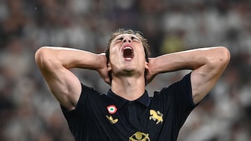 Juventus' Turkish forward #10 Kenan Yildiz reacts during the Italian Serie A football match between Juventus and Roma at Allianz Stadium in Turin, on September 1, 2024. (Photo by Isabella BONOTTO / AFP)