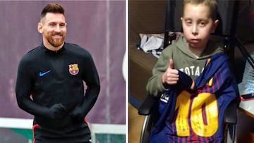 Imágenes de Lionel Messi en un entrenamiento con el FC Barcelona y del alevín del CD Navega Rubén con la camiseta que le ha hecho llegar el astro argentino para apoyarle en su enfermedad