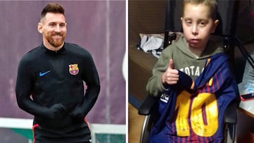 Im&aacute;genes de Lionel Messi en un entrenamiento con el FC Barcelona y del alev&iacute;n del CD Navega Rub&eacute;n con la camiseta que le ha hecho llegar el astro argentino para apoyarle en su enfermedad