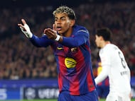 Soccer Football - UEFA Champions League - FC Barcelona v Eintracht Frankfurt - Camp Nou, Barcelona, Spain - December 9, 2025 FC Barcelona's Lamine Yamal reacts REUTERS/Albert Gea