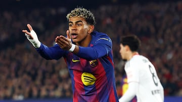Soccer Football - UEFA Champions League - FC Barcelona v Eintracht Frankfurt - Camp Nou, Barcelona, Spain - December 9, 2025 FC Barcelona's Lamine Yamal reacts REUTERS/Albert Gea